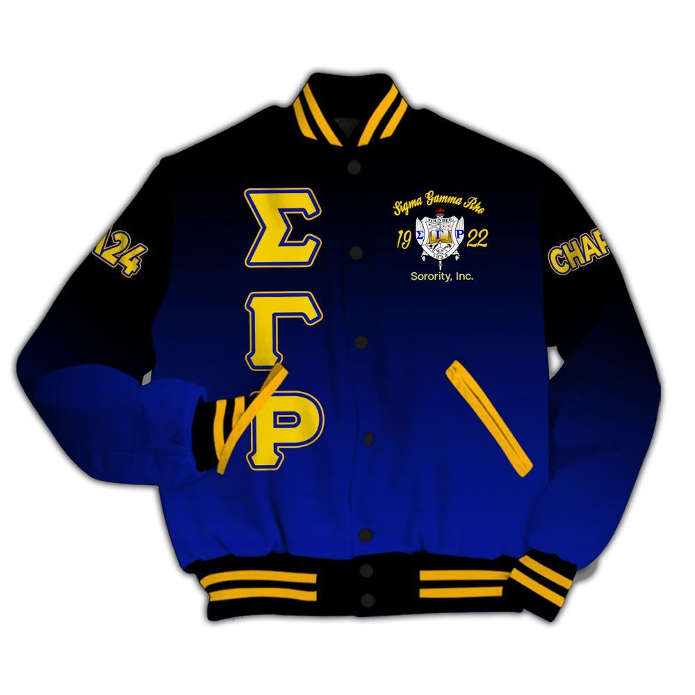 Ireishprint Sigma Gamma Rho Custom Chapter Varsity Jacket, Blue Duo Gold Gradient Style 1922 Sorority Jacket