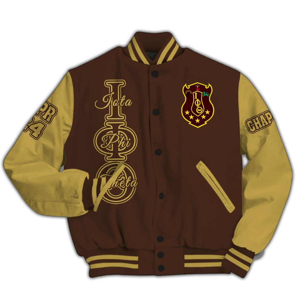 Ireishprint Iota Phi Theta Custom Chapter Varsity Jacket, Personalized Gilded Gold Sleeve Charcoal Brown Jacket Iota Phi Theta Fraternity Jacket