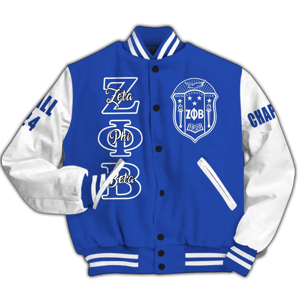 Ireishprint Zeta Phi Beta Custom Chapter Varsity Jacket, Personalized Blue Varsity Jacket White Sleeve Z Phi B 1920 Sorority Jacket