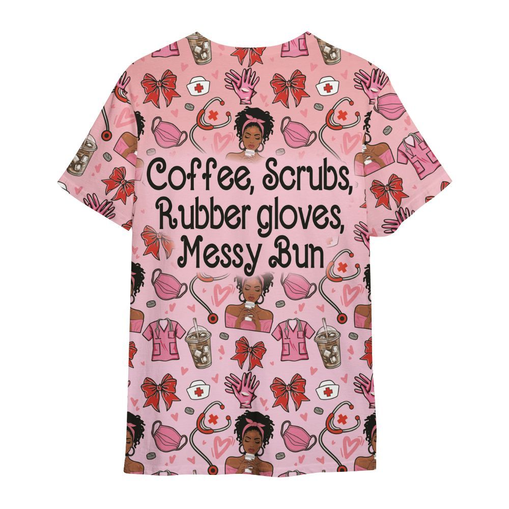 Amare Box Black Nurse Shirt, Coffee Scrubs Rubber Gloves Messy Bun, Custom Name Shirt, Black Nurse Clipart, Valentine Nurse, Gift For Black Nurse All Over Print Unisex Shirt