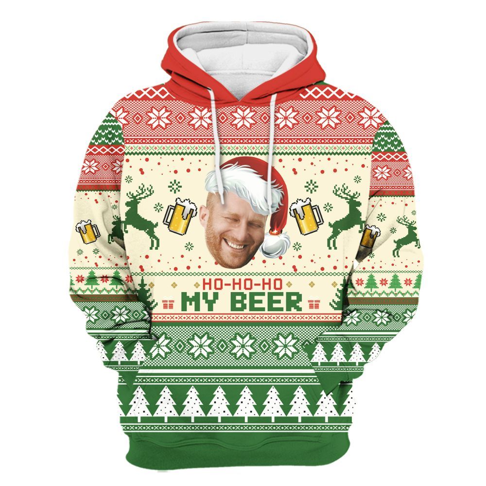 Amare Box Personalized Photo Face Ugly Sweater, Custom Ho Ho Hold My Beer Christmas Party Gift For Dad Unisex Hoodie
