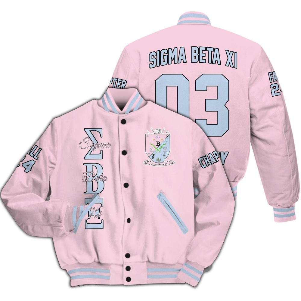 Ireishprint Sigma Beta Xi Custom Chapter Varsity Jacket, Personalized Pink Varsity Jacket Sigma Beta Xi Sorority Jacket