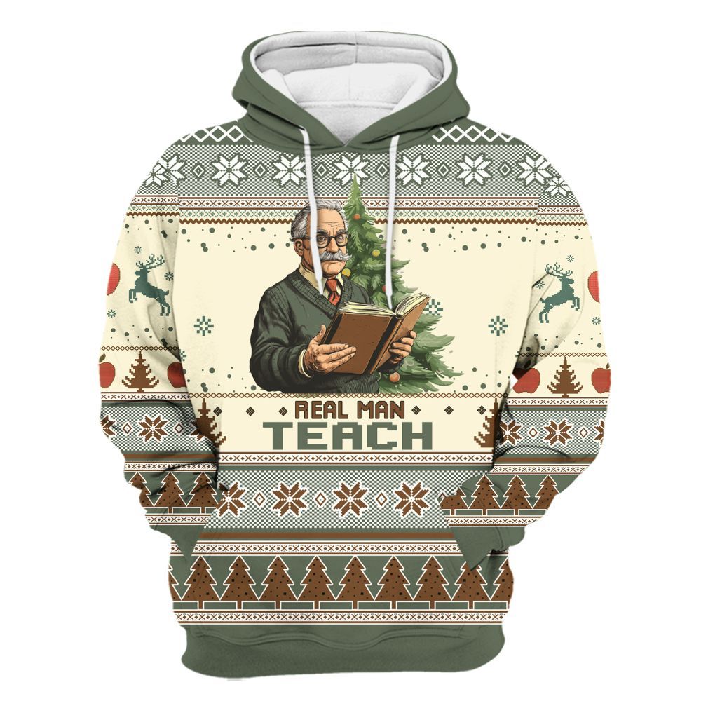 Amare Box Teacher Shirt, Real Man Teach Xmas Ugly Shirt, Custom Name Shirt, Teacher Life, Christmas Gift For Teacher Unisex Hoodie