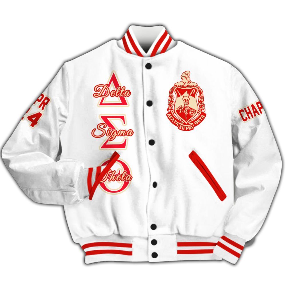 Ireishprint Delta Sigma Theta Custom Chapter Varsity Jacket, Personalized White Crimson Varsity Jacket Delta Sigma Theta Since 1913 Sorority Jacket