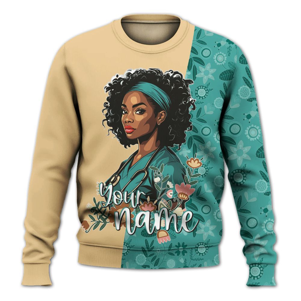 Amare Box Black Nurse Shirt, Black Nurse Squad Floral, Custom Name Shirt, Nurse Clipart, Gift For Black Nurse Knitted Sweater