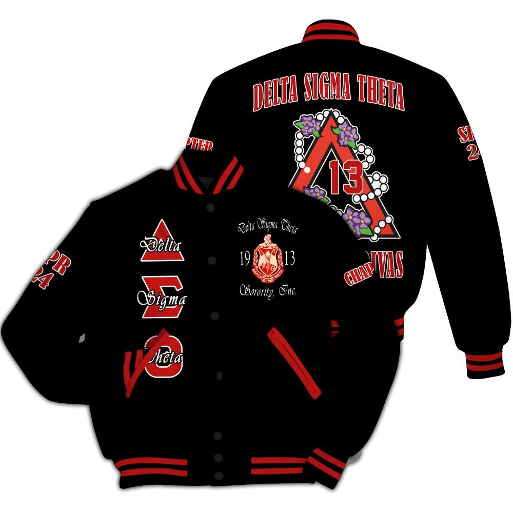 Ireishprint Delta Sigma Theta Custom Chapter Varsity Jacket, Personalized Black Varsity Jacket Delta Sigma Theta Sorority Jacket