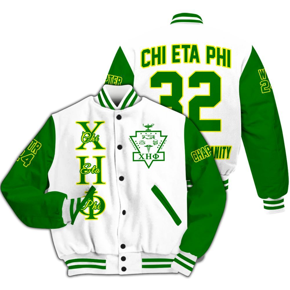 Ireishprint Chi Eta Phi Custom Chapter Varsity Jacket, Personalized White Mix Pea Green Varsity Jacket Chi Eta Phi Since 1932 Sorority Jacket