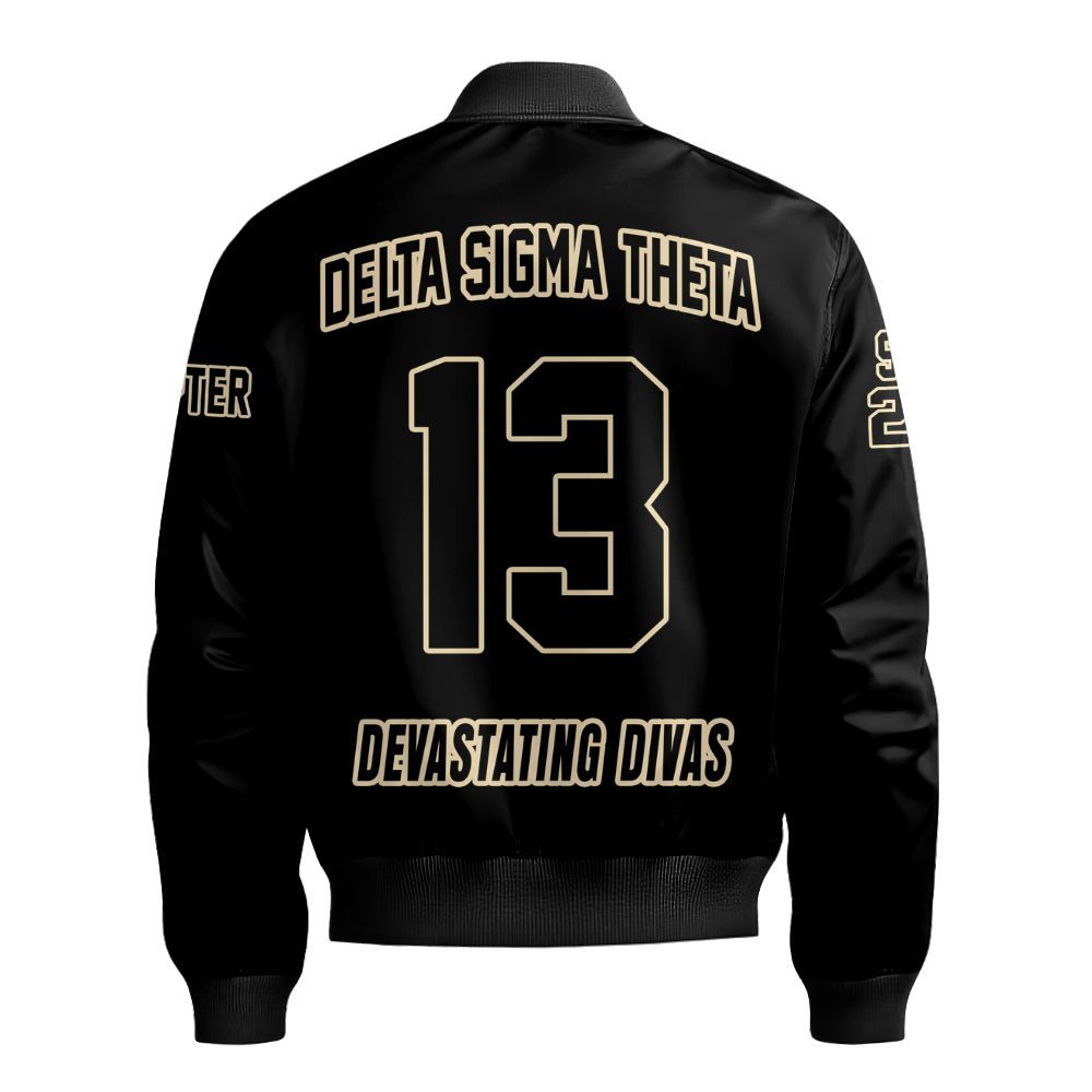 Ireishprint Delta Sigma Theta Custom Chapter Bomber Jacket, Personalized Black Cream Bomber Jacket Delta Sigma Theta Sorority Bomber Jacket
