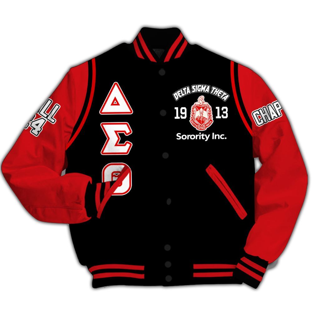 Ireishprint Delta Sigma Theta Custom Chapter Varsity Jacket, Delta Sigma Theta Red Curved Shoulder Style White Sleeve 1913 Sorority Jacket