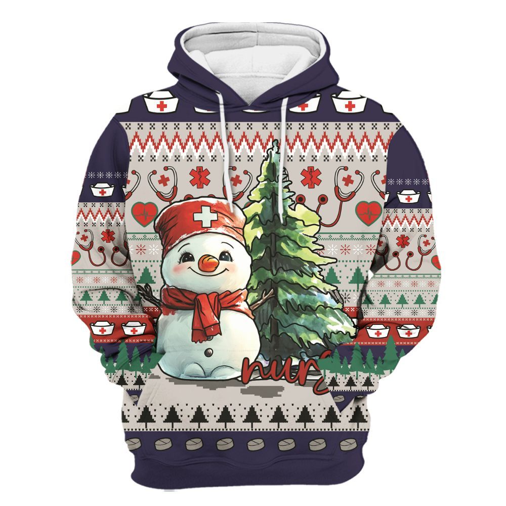 Amare Box Snowman Nurse 3D Shirt, Christmas Gift For Nurse, Nurse Stuff, Nurse Xmas Unisex Hoodie