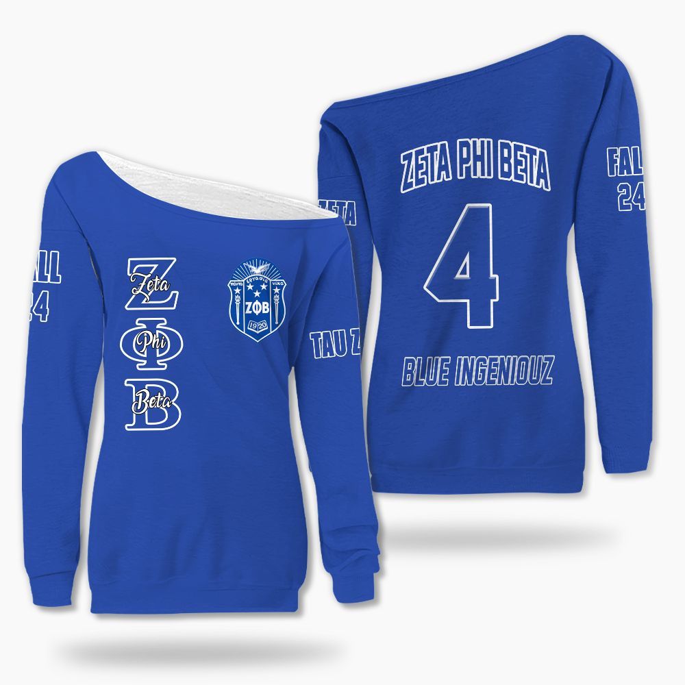 Ireishprint Zeta Phi Beta Custom Chapter Off Shoulder Sweatshirt, Personalized Blue Off Shoulder Sweatshirt Zeta Phi Beta Sorority Off Shoulder Sweatshirt