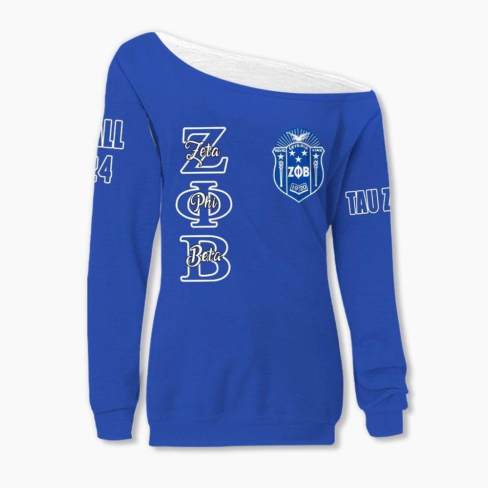 Ireishprint Zeta Phi Beta Custom Chapter Off Shoulder Sweatshirt, Personalized Blue Off Shoulder Sweatshirt Zeta Phi Beta Sorority Off Shoulder Sweatshirt