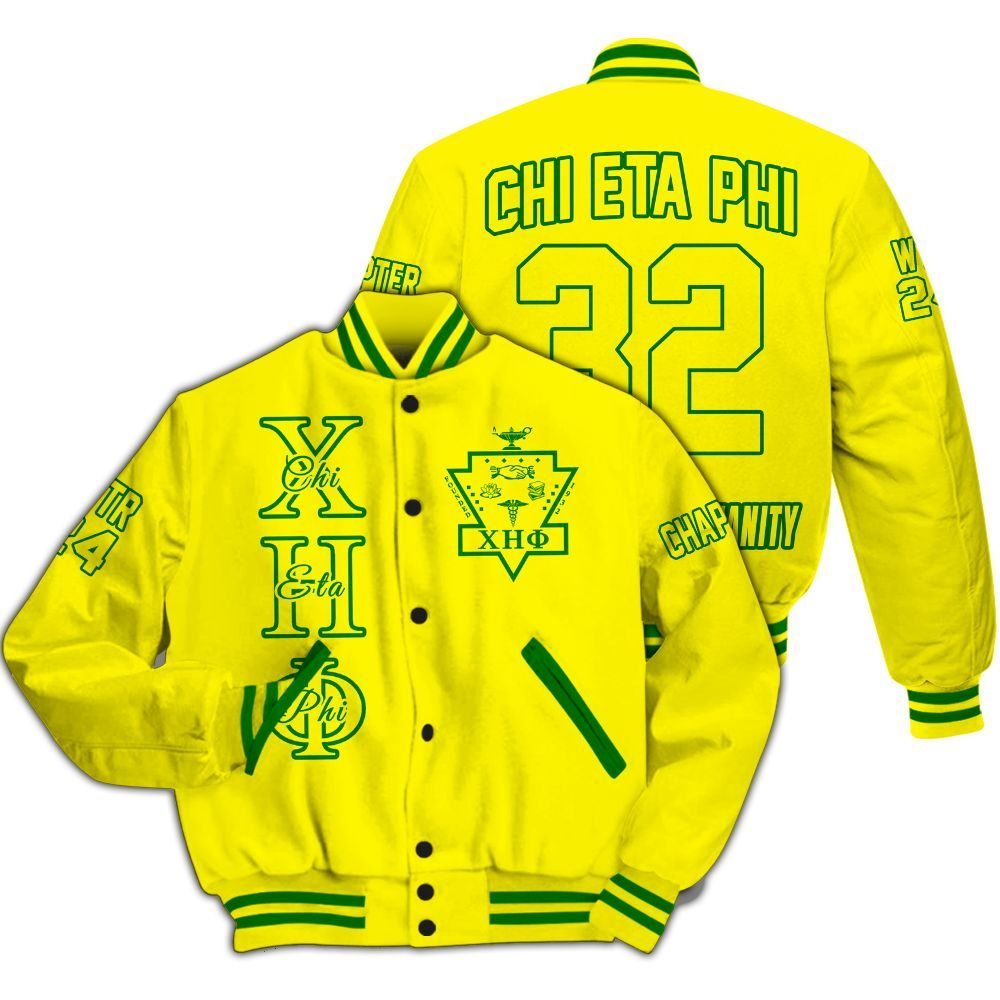 Ireishprint Chi Eta Phi Custom Chapter Varsity Jacket, Personalized Lemon Yellow Varsity Jacket Chi Eta Phi Sorority Jacket