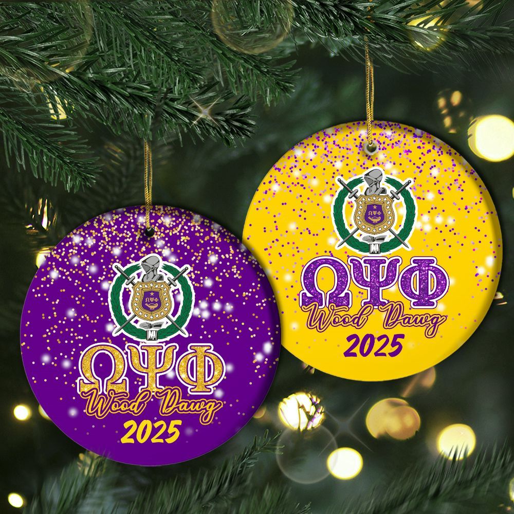 Ireishprint Custom Name ΩΨΦ Ceramic Ornament, Purple Duo Yellow Glitter 1911 Fraternity Christmas Ornament
