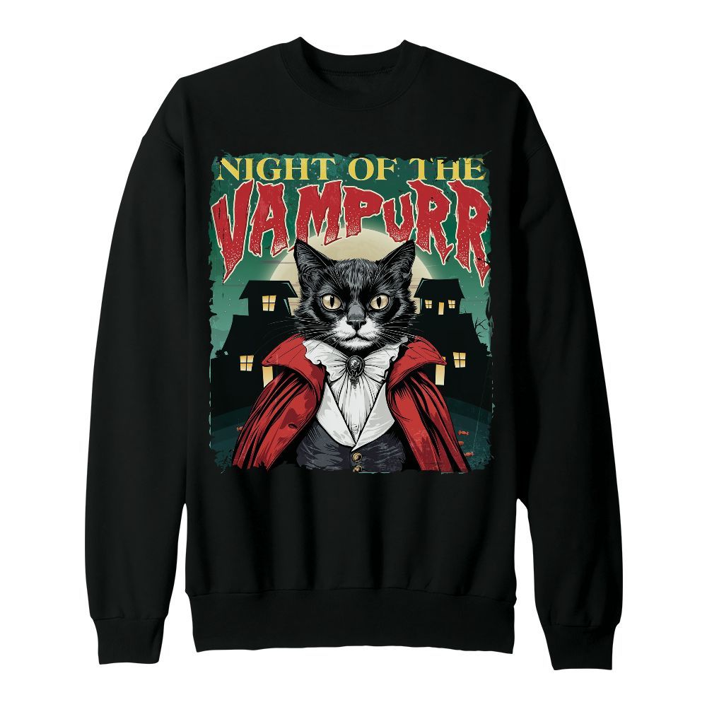 Amare Box Funny Cat Dracula Halloween Shirt, Retro Night Of The Vampurr Funny Cat Halloween Unisex Sweatshirt