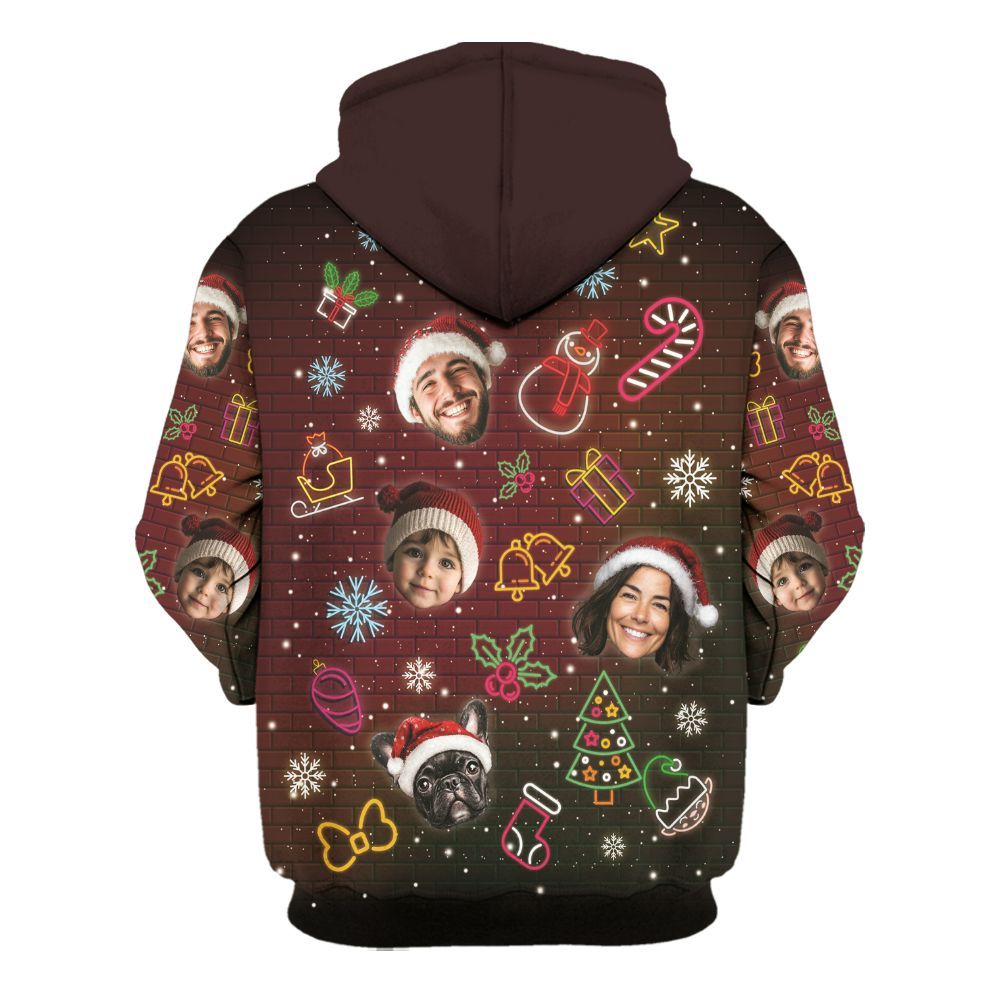 Amare Box Personalized Photo Neon Funny Faces, Custom Family Face Merry Xmas Gift For Family Xmas Party Unisex Hoodie