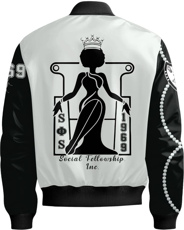 Ireishprint Swing Phi Swing Bomber Jacket, White Duo Swing Phi Swing Social Fellowship Sorority Bomber Jacket