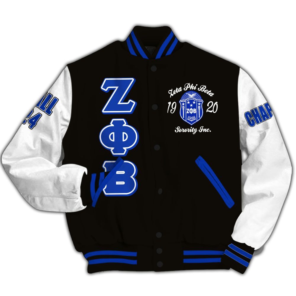 Ireishprint Zeta Phi Beta Custom Chapter Varsity Jacket, Personalized Your Z Phi B Black Blue Sleeve 1920 Zeta Phi Beta Sorority Jacket