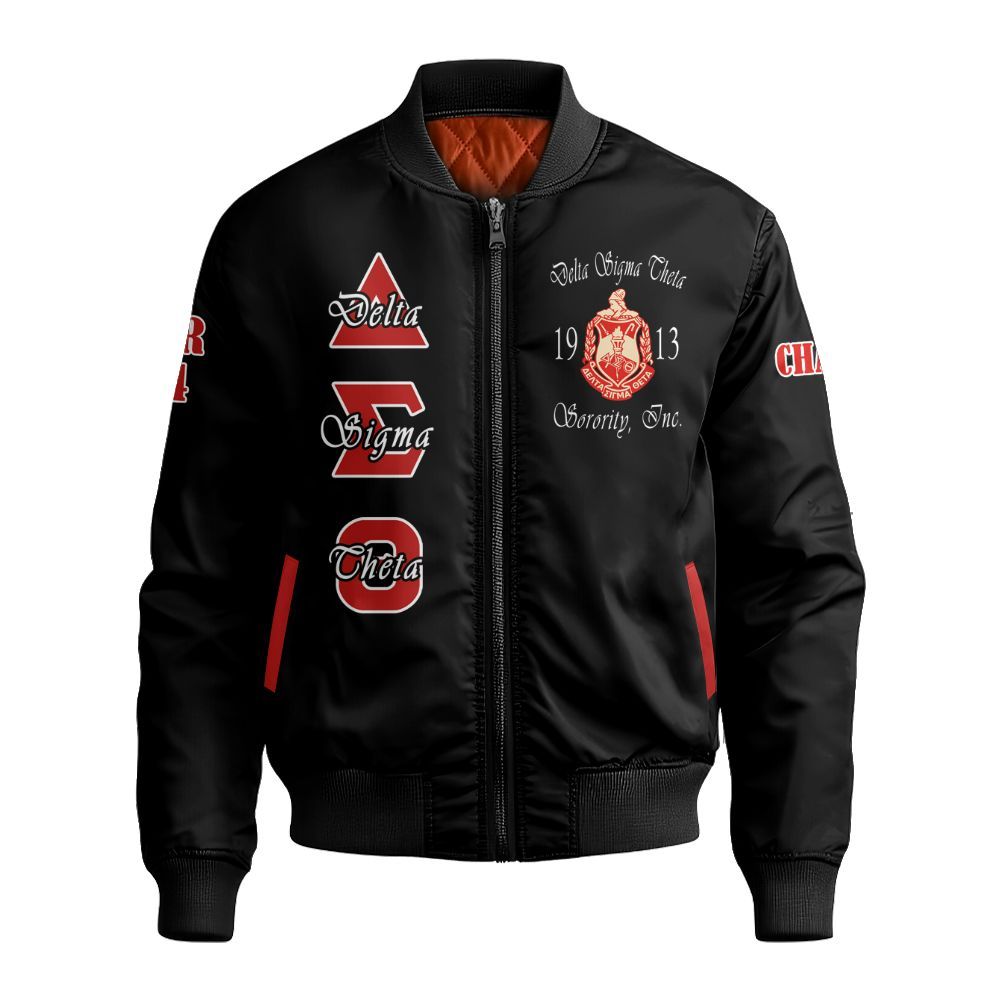 Ireishprint Delta Sigma Theta Custom Chapter Bomber Jacket, Personalized Black Bomber Jacket Delta Sigma Theta Sorority Bomber Jacket