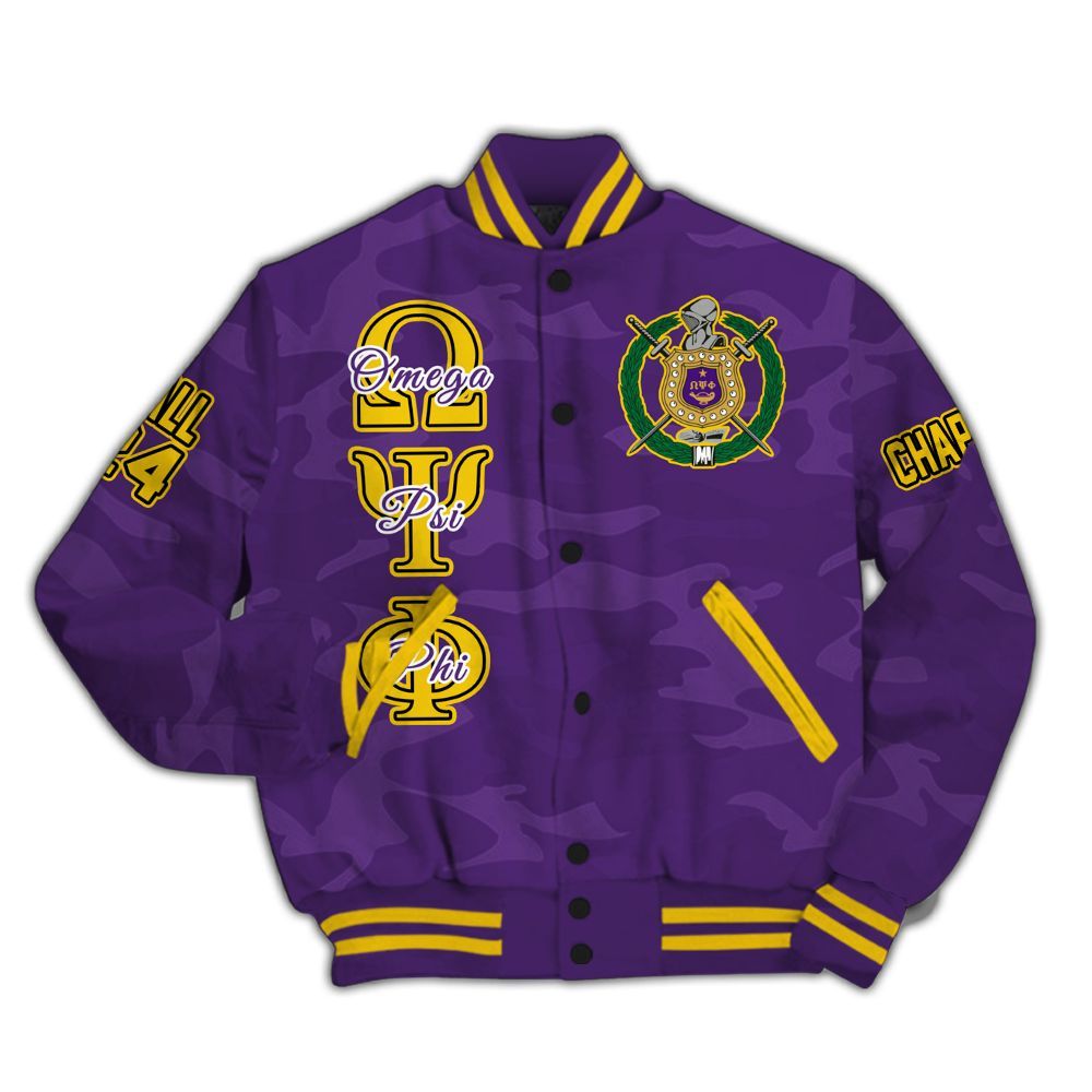 Ireishprint ΩΨΦ Custom Chapter Varsity Jacket, Personalized Camo Old Gold Sleeve Varsity Jacket ΩΨΦ Fraternity Jacket