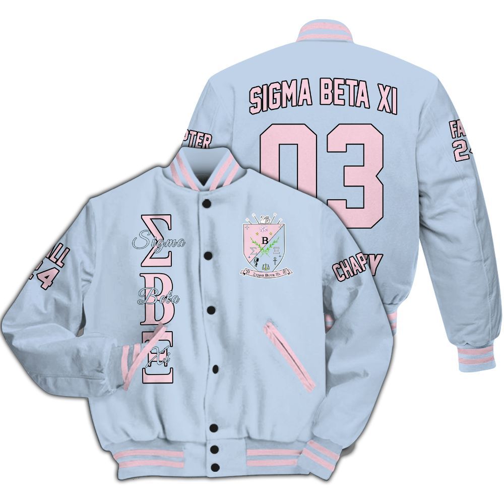 Ireishprint Sigma Beta Xi Custom Chapter Varsity Jacket, Personalized Blue Varsity Jacket Sigma Beta Xi Sorority Jacket