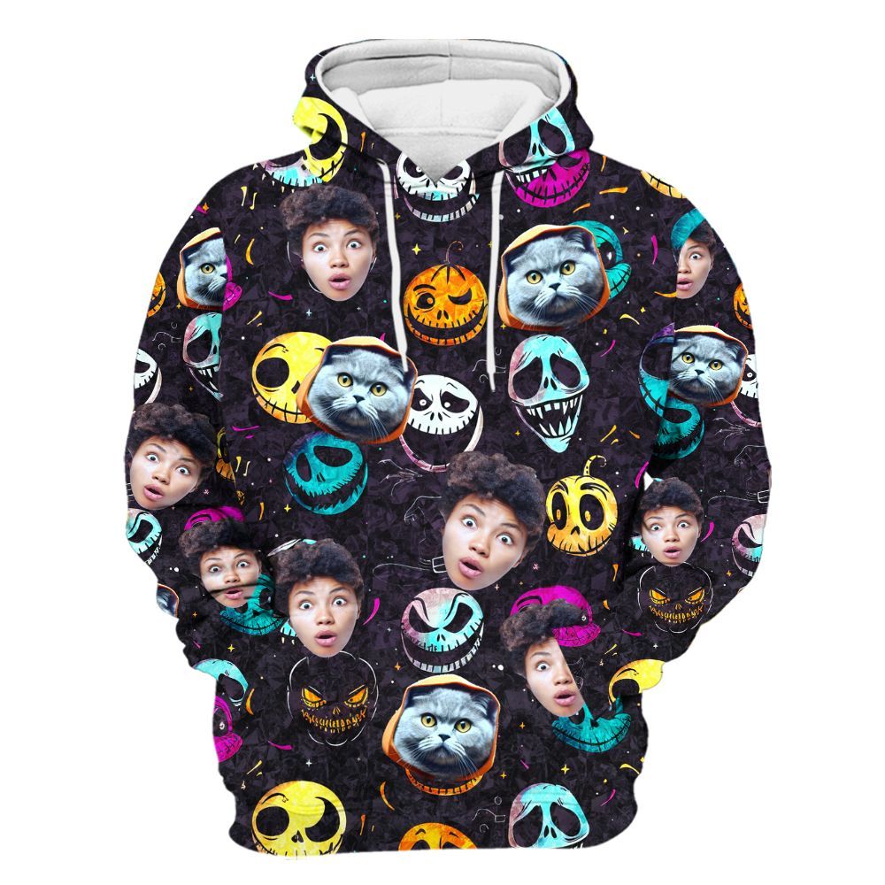 Amare Box Custom Face Photo Halloween Hawaiian Shirt, Personalized Face Halloween Spooky Ghost Party Unisex Hoodie