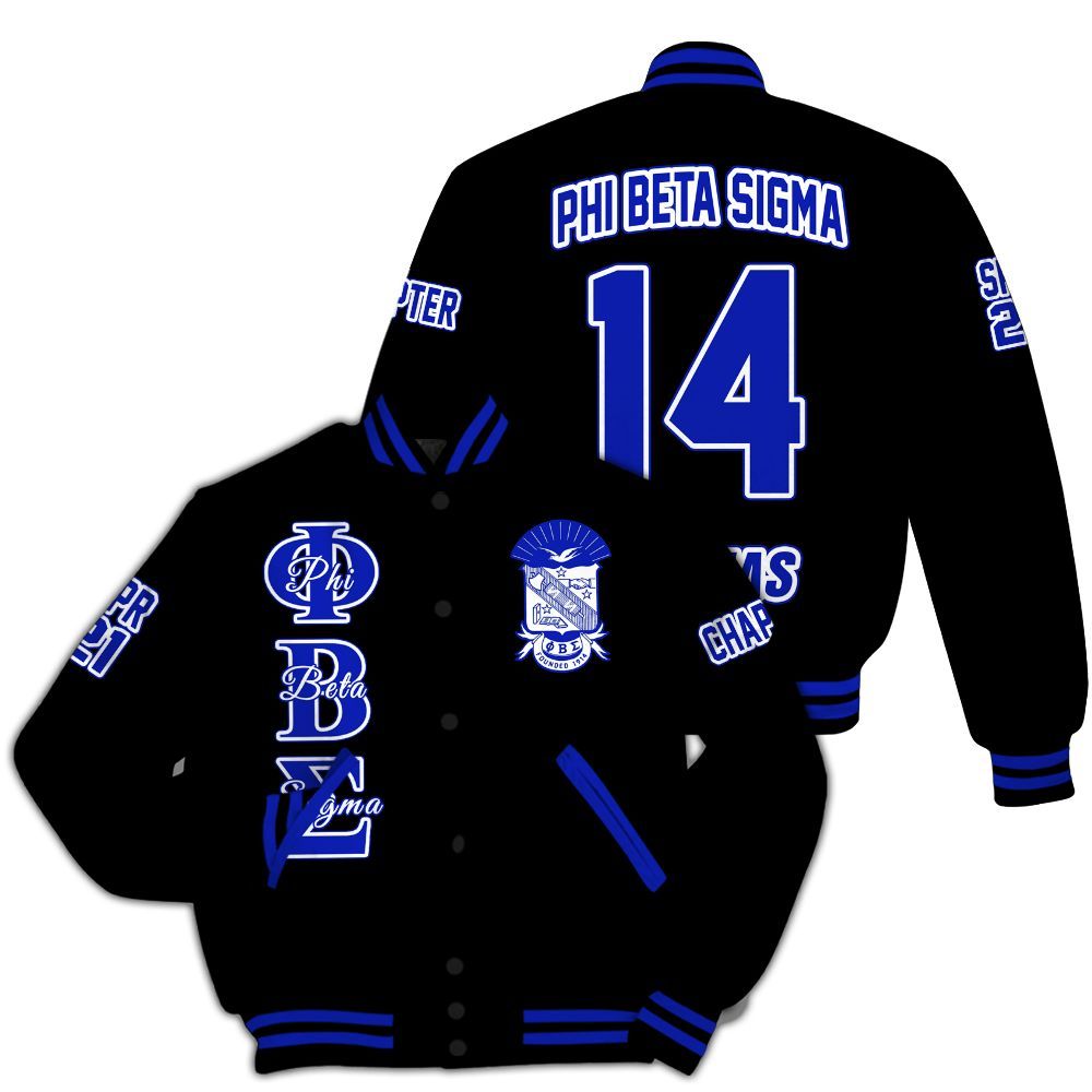 Ireishprint Phi Beta Sigma Custom Chapter Varsity Jacket, Personalized Black Royal Blue Varsity Jacket Phi Beta Sigma Fraternity Jacket