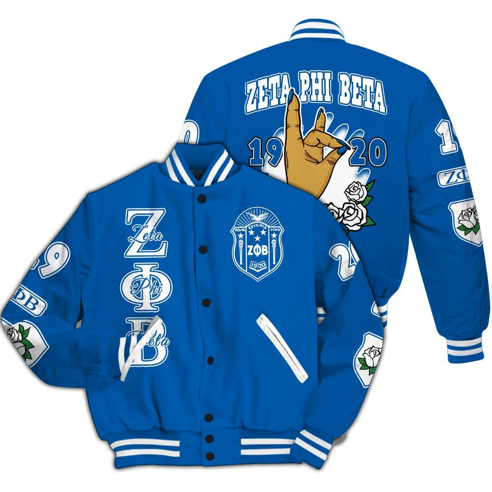 Ireishprint Zeta Phi Beta Varsity Jacket, Hand Sign White Rose Royal Blue Varsity Jacket Zeta Phi Beta Sorority Jacket