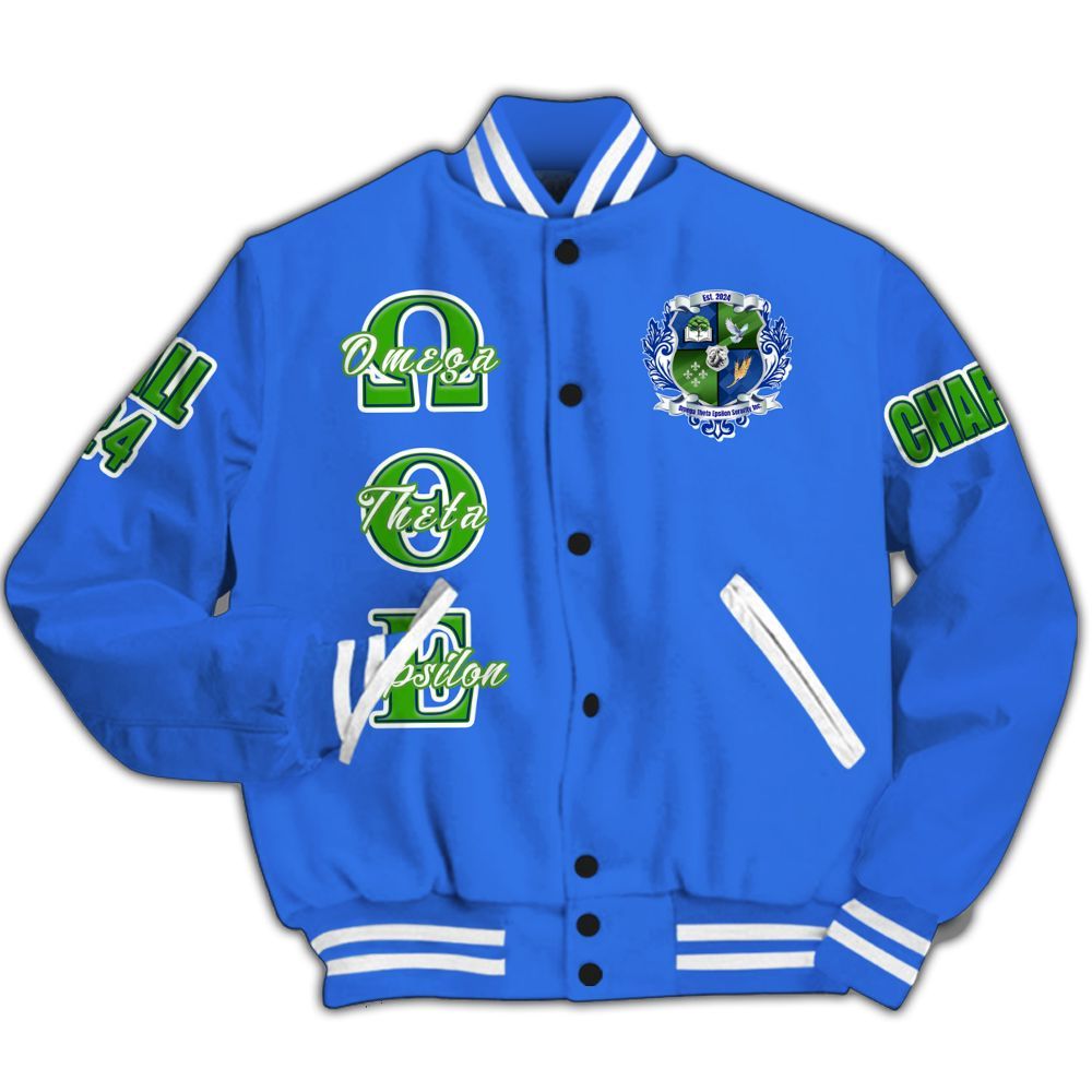 Ireishprint Omega Theta Epsilon Custom Chapter Varsity Jacket, Custom Line Omega Theta Epsilon Sorority Blue Jacket Since 2024 Sorority Jacket