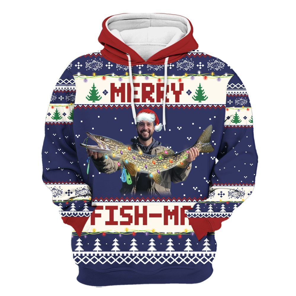 Amare Box Personalized Photo Funny Fishing Xmas, Custom Fishing Moment Merry Xmas Party Gift For Dad, Uncle Unisex Hoodie