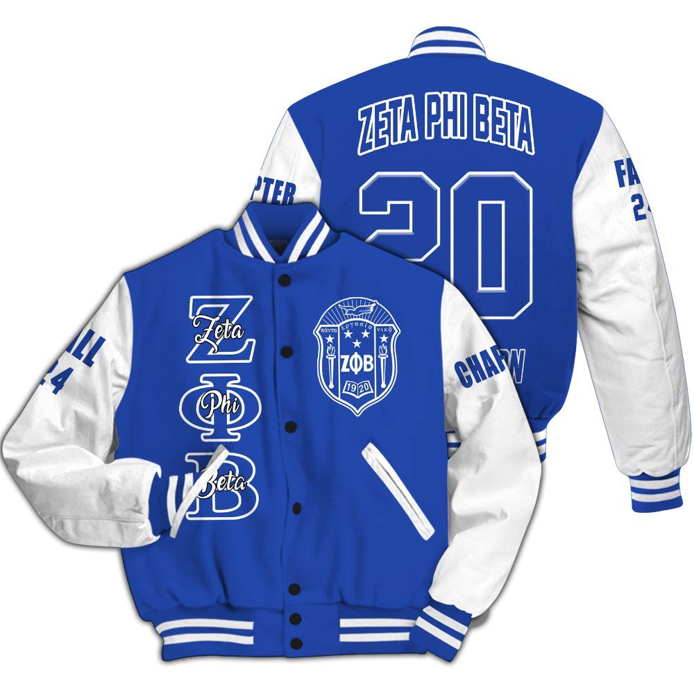Ireishprint Zeta Phi Beta Custom Chapter Varsity Jacket, Personalized Blue Varsity Jacket White Sleeve Z Phi B 1920 Sorority Jacket