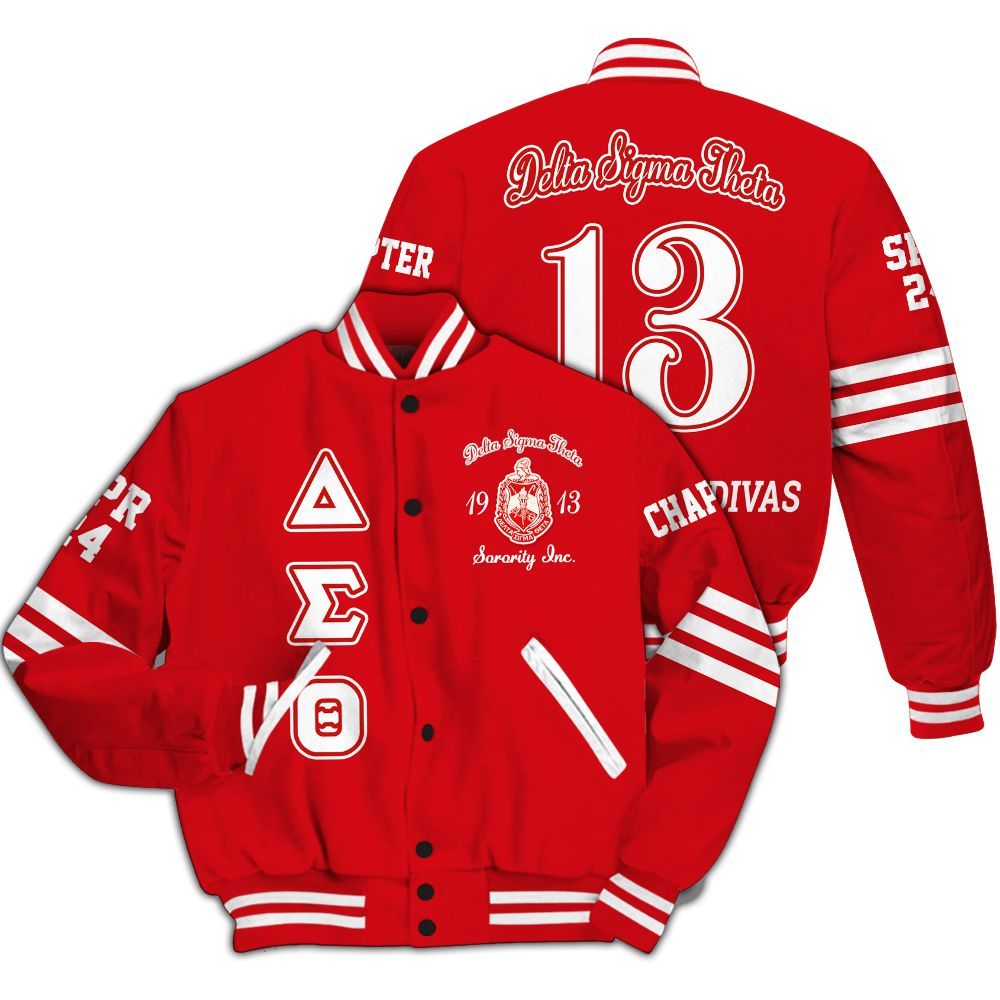 Ireishprint Delta Sigma Theta Custom Chapter Varsity Jacket, Delta Sigma Theta White Line Sleeve Crimson Red Jacket 1913 Sorority Jacket