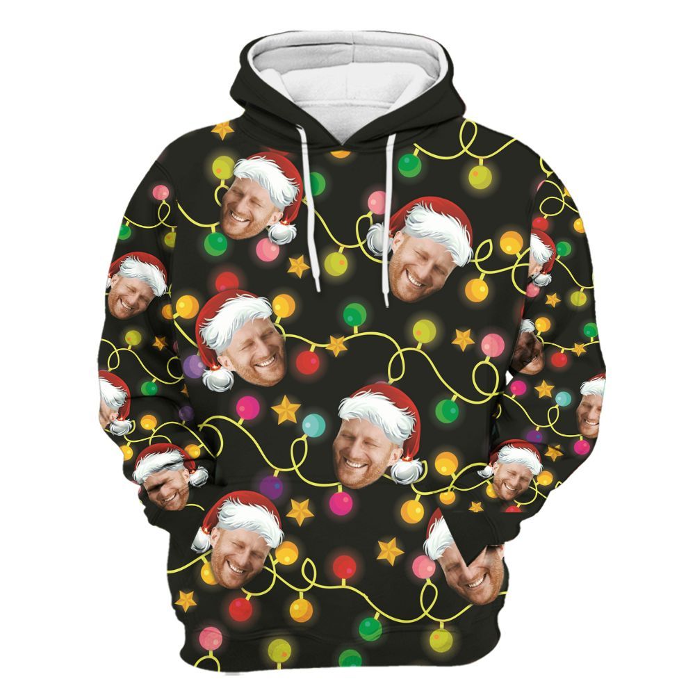 Amare Box Personalized Photo Neon Funny Merry X-mas, Custom Face Merry Xmas Christmas Party Gift For Dad Unisex Hoodie