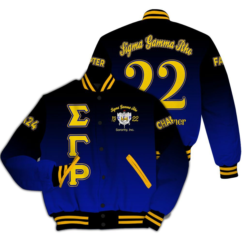 Ireishprint Sigma Gamma Rho Custom Chapter Varsity Jacket, Blue Duo Gold Gradient Style 1922 Sorority Jacket