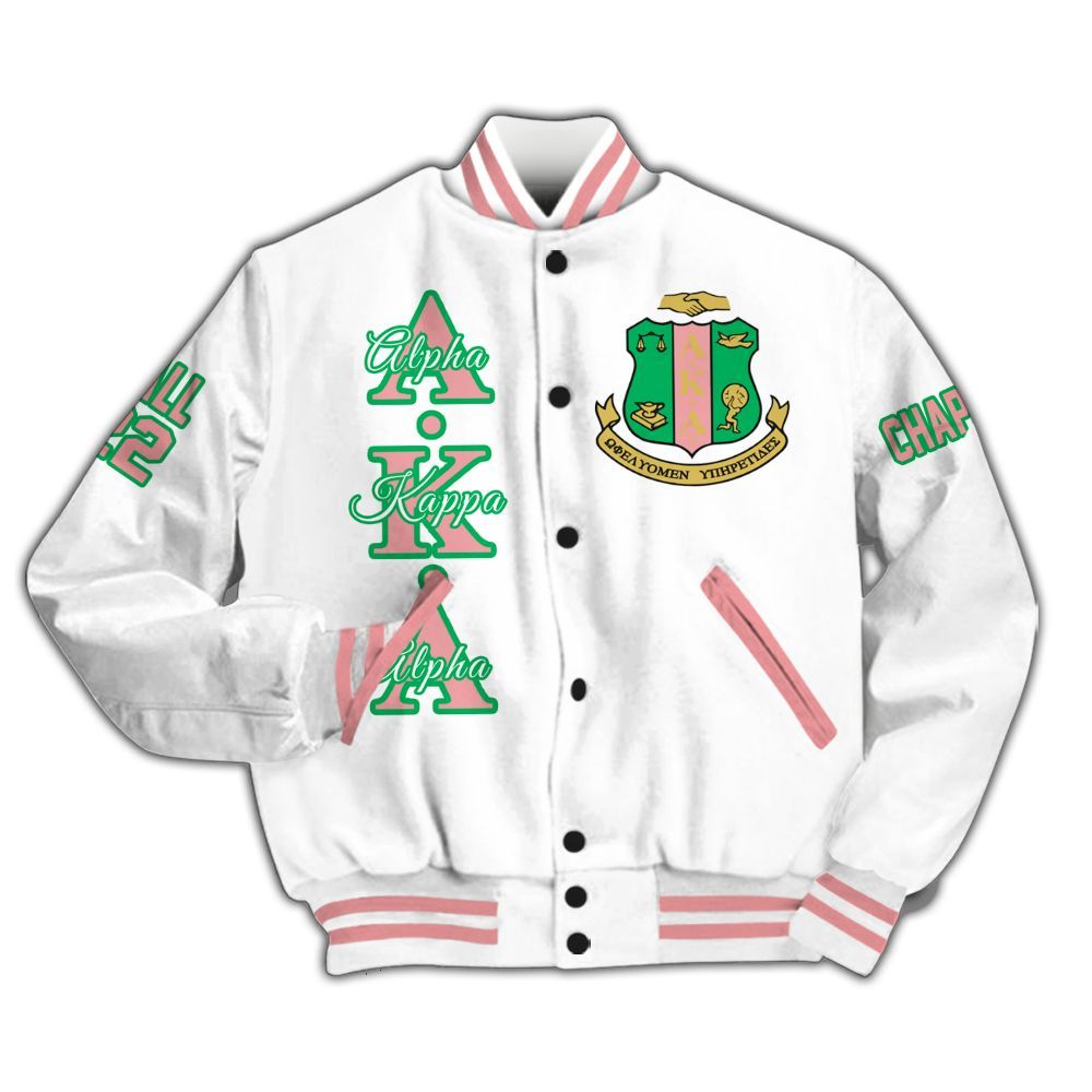 Ireishprint A.K.A Custom Chapter Varsity Jacket, Personalized White Salmon Pink Since 1908 Sorority Jacket