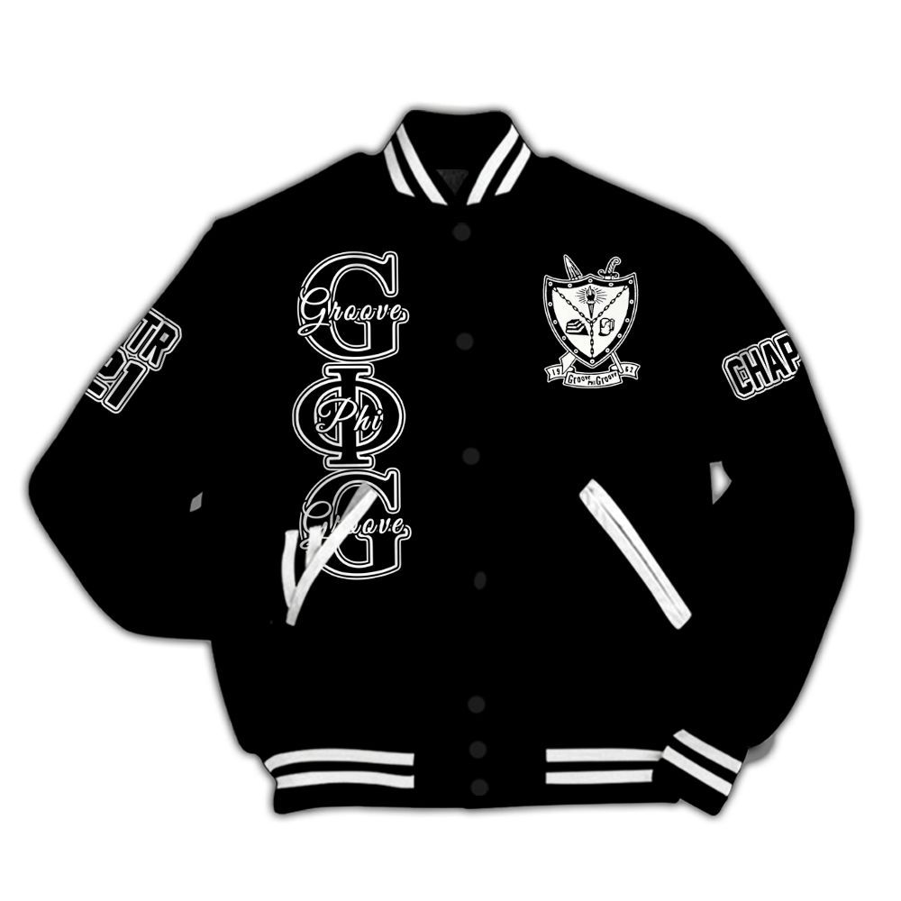Ireishprint Groove Phi Groove Custom Chapter Varsity Jacket, Personalized White Black Varsity Jacket Groove Phi Groove  Jacket
